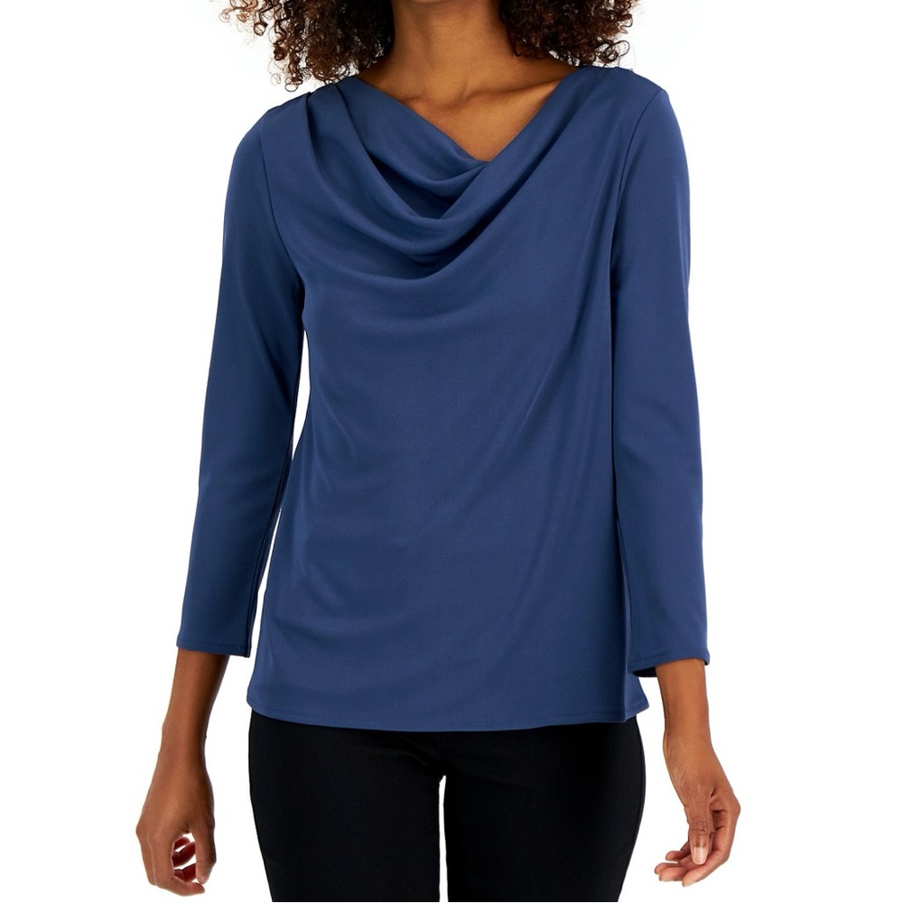 Alfani Blue Cowlneck 3/4 Sleeve Top XXL Draped V-Neck Blouse